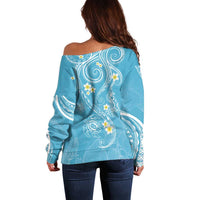 Polynesia Tribal Off Shoulder Sweater Turquoise Plumeria Tentacles LT7 - Polynesian Pride