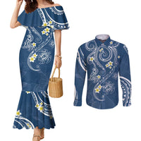 Polynesia Tribal Couples Matching Mermaid Dress and Long Sleeve Button Shirt Deep Blue Plumeria Tentacles