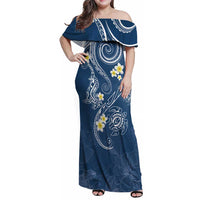 Polynesia Tribal Family Matching Off Shoulder Maxi Dress and Hawaiian Shirt Deep Blue Plumeria Tentacles