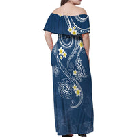 Polynesia Tribal Family Matching Off Shoulder Maxi Dress and Hawaiian Shirt Deep Blue Plumeria Tentacles