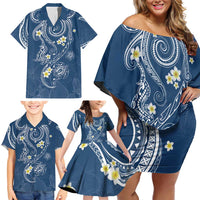 Polynesia Tribal Family Matching Off Shoulder Short Dress and Hawaiian Shirt Deep Blue Plumeria Tentacles