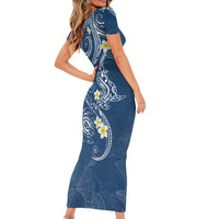 Polynesia Tribal Family Matching Short Sleeve Bodycon Dress and Hawaiian Shirt Deep Blue Plumeria Tentacles