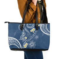 Polynesia Tribal Leather Tote Bag Deep Blue Plumeria Tentacles