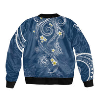 Polynesia Tribal Sleeve Zip Bomber Jacket Deep Blue Plumeria Tentacles