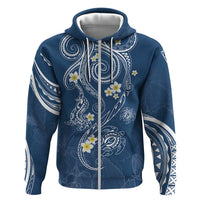 Polynesia Tribal Zip Hoodie Deep Blue Plumeria Tentacles