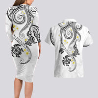 Polynesia Tribal Couples Matching Long Sleeve Bodycon Dress and Hawaiian Shirt White Plumeria Tentacles