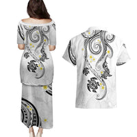 Polynesia Tribal Couples Matching Puletasi and Hawaiian Shirt White Plumeria Tentacles