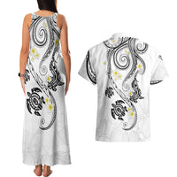 Polynesia Tribal Couples Matching Tank Maxi Dress and Hawaiian Shirt White Plumeria Tentacles