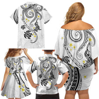Polynesia Tribal Family Matching Off Shoulder Short Dress and Hawaiian Shirt White Plumeria Tentacles