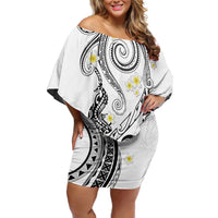 Polynesia Tribal Family Matching Off Shoulder Short Dress and Hawaiian Shirt White Plumeria Tentacles