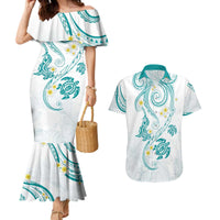 Polynesia Tribal Couples Matching Mermaid Dress and Hawaiian Shirt Teal Plumeria Tentacles