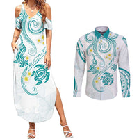 Polynesia Tribal Couples Matching Summer Maxi Dress and Long Sleeve Button Shirt Teal Plumeria Tentacles