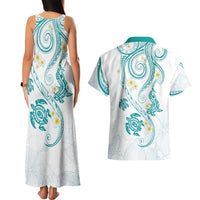 Polynesia Tribal Couples Matching Tank Maxi Dress and Hawaiian Shirt Teal Plumeria Tentacles