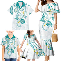 Polynesia Tribal Family Matching Mermaid Dress and Hawaiian Shirt Teal Plumeria Tentacles