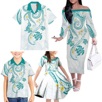Polynesia Tribal Family Matching Off The Shoulder Long Sleeve Dress and Hawaiian Shirt Teal Plumeria Tentacles