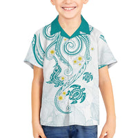 Polynesia Tribal Family Matching Off Shoulder Short Dress and Hawaiian Shirt Teal Plumeria Tentacles
