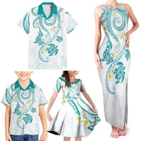 Polynesia Tribal Family Matching Tank Maxi Dress and Hawaiian Shirt Teal Plumeria Tentacles