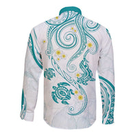 Polynesia Tribal Long Sleeve Button Shirt Teal Plumeria Tentacles