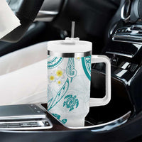 Polynesia Tribal Tumbler With Handle Teal Plumeria Tentacles