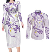 Polynesia Tribal Couples Matching Long Sleeve Bodycon Dress and Long Sleeve Button Shirt Lilac Plumeria Tentacles