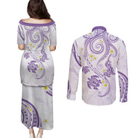 Polynesia Tribal Couples Matching Puletasi and Long Sleeve Button Shirt Lilac Plumeria Tentacles