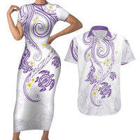 Polynesia Tribal Couples Matching Short Sleeve Bodycon Dress and Hawaiian Shirt Lilac Plumeria Tentacles