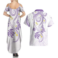 Polynesia Tribal Couples Matching Summer Maxi Dress and Hawaiian Shirt Lilac Plumeria Tentacles