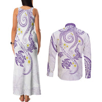 Polynesia Tribal Couples Matching Tank Maxi Dress and Long Sleeve Button Shirt Lilac Plumeria Tentacles