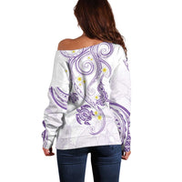 Polynesia Tribal Off Shoulder Sweater Lilac Plumeria Tentacles