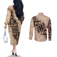 Bula Fiji Plumeria Tagimoucia Salusalu Beige Couples Matching Off The Shoulder Long Sleeve Dress and Long Sleeve Button Shirt Kaiviti Masi LT7 - Polynesian Pride