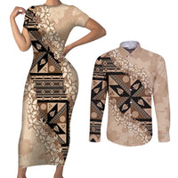 Bula Fiji Plumeria Tagimoucia Salusalu Beige Couples Matching Short Sleeve Bodycon Dress and Long Sleeve Button Shirt Kaiviti Masi LT7 Beige - Polynesian Pride