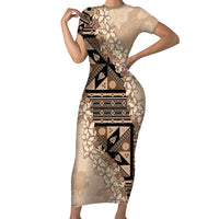 Bula Fiji Plumeria Tagimoucia Salusalu Beige Family Matching Short Sleeve Bodycon Dress and Hawaiian Shirt Kaiviti Masi - Polynesian Pride