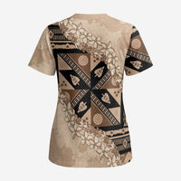 Bula Fiji Plumeria Tagimoucia Salusalu Beige Scrub Top Kaiviti Masi - Polynesian Pride