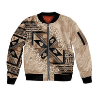 Bula Fiji Plumeria Tagimoucia Salusalu Beige Sleeve Zip Bomber Jacket Kaiviti Masi LT7 Unisex Beige - Polynesian Pride