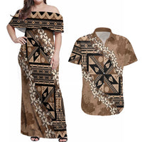 Bula Fiji Plumeria Tagimoucia Salusalu Mocha Couples Matching Off Shoulder Maxi Dress and Hawaiian Shirt Kaiviti Masi - Polynesian Pride