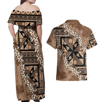 Bula Fiji Plumeria Tagimoucia Salusalu Mocha Couples Matching Off Shoulder Maxi Dress and Hawaiian Shirt Kaiviti Masi - Polynesian Pride
