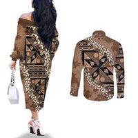 Bula Fiji Plumeria Tagimoucia Salusalu Mocha Couples Matching Off The Shoulder Long Sleeve Dress and Long Sleeve Button Shirt Kaiviti Masi - Polynesian Pride