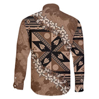 Bula Fiji Plumeria Tagimoucia Salusalu Mocha Family Matching Off The Shoulder Long Sleeve Dress and Hawaiian Shirt Kaiviti Masi - Polynesian Pride