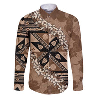 Bula Fiji Plumeria Tagimoucia Salusalu Mocha Family Matching Puletasi and Hawaiian Shirt Kaiviti Masi LT7 Dad's Shirt - Long Sleeve Mocha - Polynesian Pride