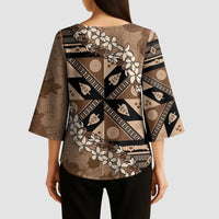 Bula Fiji Plumeria Tagimoucia Salusalu Mocha Kimono Sleeve Blouse Kaiviti Masi - Polynesian Pride