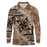 Bula Fiji Plumeria Tagimoucia Salusalu Mocha Long Sleeve Polo Shirt Kaiviti Masi - Polynesian Pride
