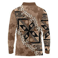 Bula Fiji Plumeria Tagimoucia Salusalu Mocha Long Sleeve Polo Shirt Kaiviti Masi - Polynesian Pride