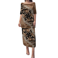 Bula Fiji Plumeria Tagimoucia Salusalu Mocha Puletasi Kaiviti Masi LT7 Long Dress Mocha - Polynesian Pride