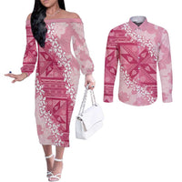 Bula Fiji Plumeria Tagimoucia Salusalu Pink Couples Matching Off The Shoulder Long Sleeve Dress and Long Sleeve Button Shirt Kaiviti Masi LT7 Pink - Polynesian Pride