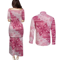 Bula Fiji Plumeria Tagimoucia Salusalu Pink Couples Matching Puletasi and Long Sleeve Button Shirt Kaiviti Masi - Polynesian Pride