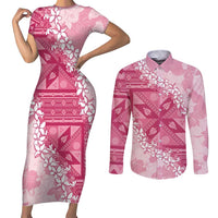 Bula Fiji Plumeria Tagimoucia Salusalu Pink Couples Matching Short Sleeve Bodycon Dress and Long Sleeve Button Shirt Kaiviti Masi LT7 Pink - Polynesian Pride