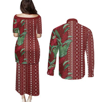 Women's Day Samoa Malu Tattoo Inspired Mix Teuila Couples Matching Puletasi and Long Sleeve Button Shirt Scarlet LT7 - Polynesian Pride