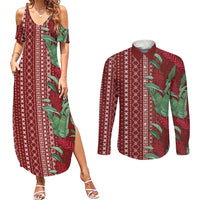 Women's Day Samoa Malu Tattoo Inspired Mix Teuila Couples Matching Summer Maxi Dress and Long Sleeve Button Shirt Scarlet