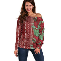 Women's Day Samoa Malu Tattoo Inspired Mix Teuila Off Shoulder Sweater Scarlet LT7 Women Scarlet - Polynesian Pride