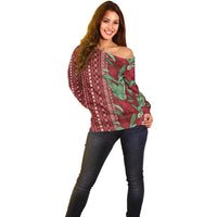 Women's Day Samoa Malu Tattoo Inspired Mix Teuila Off Shoulder Sweater Scarlet LT7 - Polynesian Pride